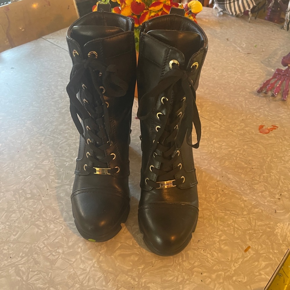 Black Leather Combat Boots with Gold Eyelets